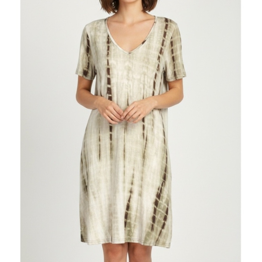 ARYEH Soft Stretch Knit GREEN/BROWN TIE DYE V-Neck POCKETS Swing T-SHIRT DRESS S